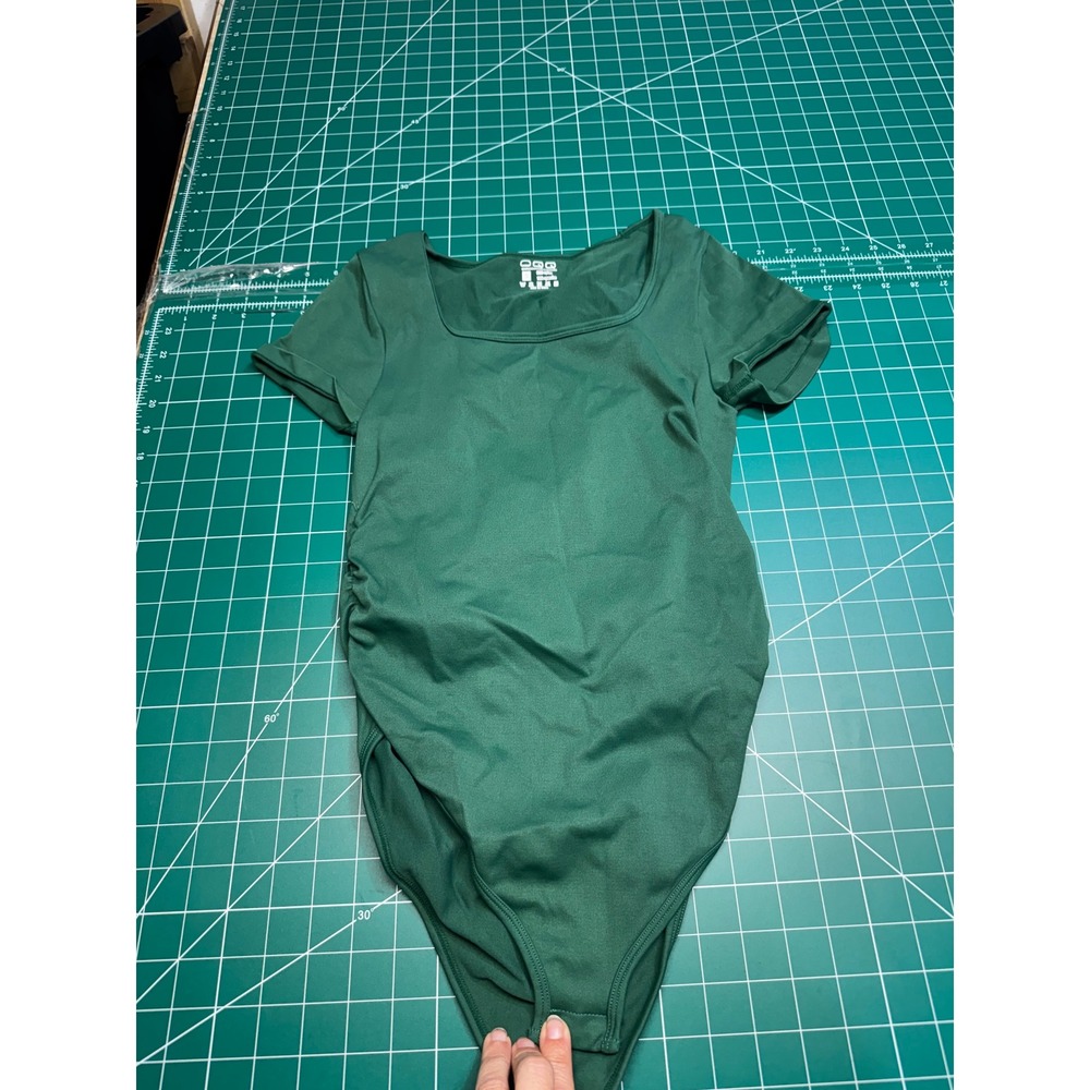 OQQ Women Forest Green Short Sleeve Square Neck Bodysuit Small Ribbed Stretch